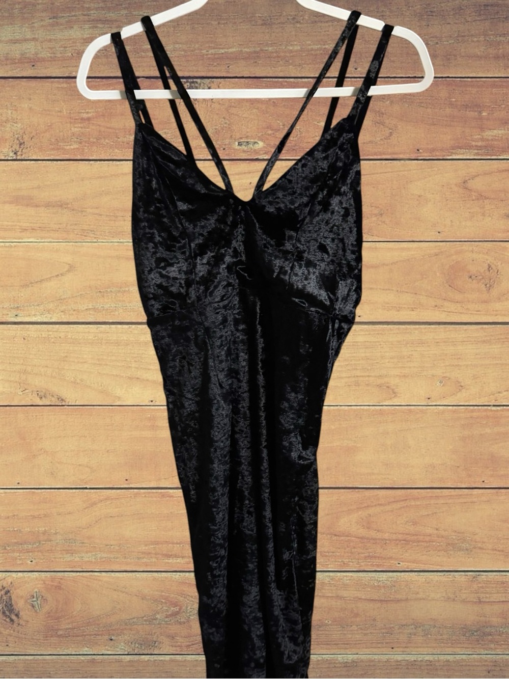 Black Crushed Velvet Midi Dress Plunging V-Neck Caged Open Back Double Strap M - Picture 4 of 16